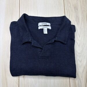 COS Men's Regular Fit Short Sleeve Polo Shirt 100% Linen Navy Blue Size Large